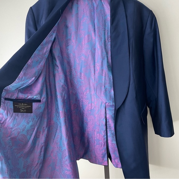 Luxury Italian Longline Sports Coat Blazer Suit Jacket Long Blue Mens Size 44 - Picture 3 of 13